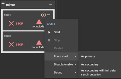 SafeKit web console image
Actions using the local menu of the mirror module on the selected  node:
start, stop or restart  the module
force start as primary, as secondary, as secondary with full data synchronization