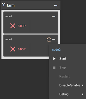 SafeKit web console image
Actions using the local menu of the farm module on the selected  node:
start, stop or restart  the module
