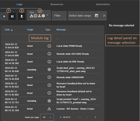 SafeKit web console image
Display, filter, and download module logs using the Logs tab