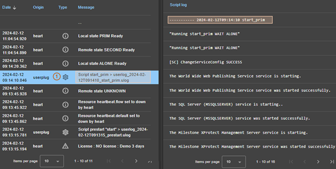 SafeKit web console image
Display the content of the script log by clicking on a S (Script) message in the module log using the Logs tab