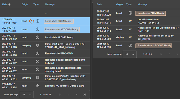 SafeKit web console image
Display the verbose module log by clicking on a message other than S (Script) in the module log using the Logs tab