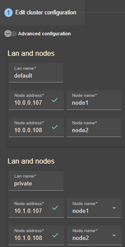 SafeKit web console image
Edit the cluster configuration using cluster configuration wizard. Add a new LAN and define IP addresses of 2 nodes on both networks