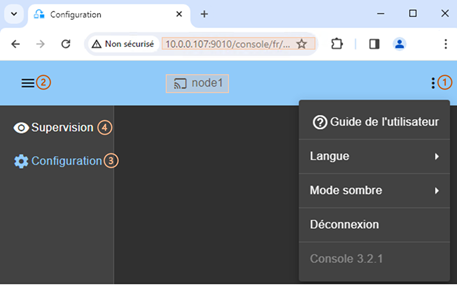 Image de la console web SafeKit
Page d'accueil avec la barre de navigation pour la surveillance et la configuration, le nom du nœud de connexion et le menu principal