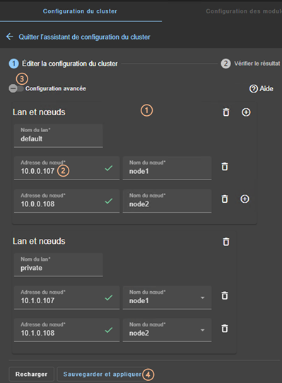 Image de la console web SafeKit
Éditer la configuration du cluster en utilisant l'assistant de configuration du cluster . Définir 2 LAN et les adresses IP de 2 nœuds sur ces réseaux