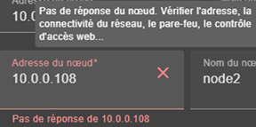 Image de la console web SafeKit
Infobulle lors de problèmes de connexion avec le nœud du cluster dans l'assistant de configuration du cluster
