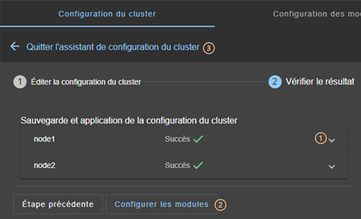 Image de la console web SafeKit
Vérifier le résultat de configuration du cluster sur tous les nœuds avec l'assistant de configuration du cluster