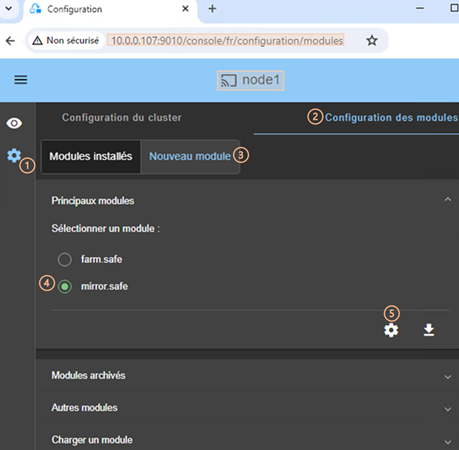 Image de la console web SafeKit
Sélectionner un nouveau module à configurer depuis la page d'accueil de la configuration