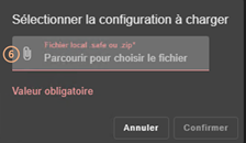 Image de la console web SafeKit
Sélectionnez un fichier local avec l'extension .safe ou .zip pour charger une configuration de module à partir de la page d'accueil de la configuration du module