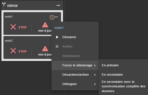 Image de la console web SafeKit
Actions du menu local du module miroir sur le nœud sélectionné. Démarrer, arrêter, redémarrer, forcer le démarrage en primaire, forcer le démarrage en secondaire, forcer le démarrage en secondaire avec synchronisation complète des données