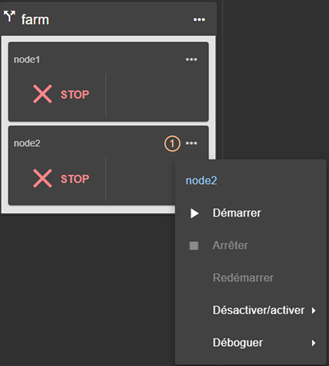 Image de la console web SafeKit
Actions du menu local du module ferme sur le nœud sélectionné. Démarrer, arrêter, redémarrer