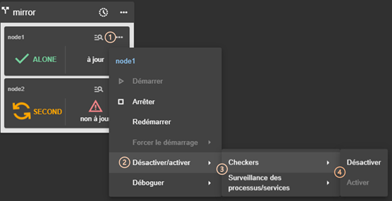 Image de la console web SafeKit
Actions du menu local du module sur le nœud sélectionné. Activer ou désactiver la détection d'erreur par les checkers configurés dans le module ; Activer ou désactiver la détection d'erreur par la surveillance de processus  ou la surveillance de services