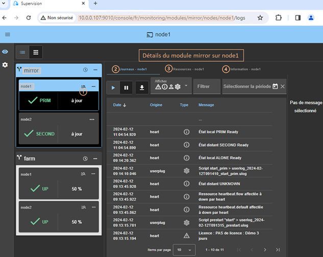 Image de la console web SafeKit
Cliquer pour ouvrir ou fermer les détails du module sur un nœud : 
les journaux du module avec l'onglet Journaux
les ressources du module avec l'onglet Ressources
les informations sur le nœud  avec l'onglet information