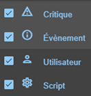 Image de la console web SafeKit
Liste des différents niveaux de messages dans le journal du module et des icônes associés, affichés dans l'onglet Journaux