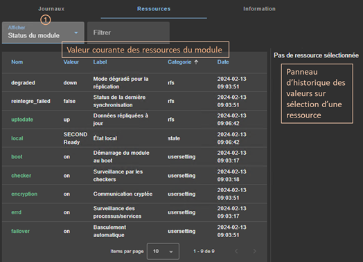 Image de la console web SafeKit
Afficher la valeur courante des ressources du module en utilisant l'onglet Ressources 